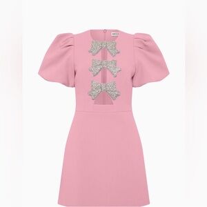 Rebecca Vallance Juliana Puff Sleeve Bow Pink Mini Dress wSilver Embellishments